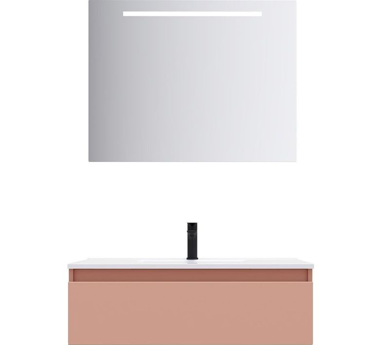 Meuble De Salle De Bain Vasque Intégrée 90cm 1 Tiroir Abricot + Miroir - Hudson