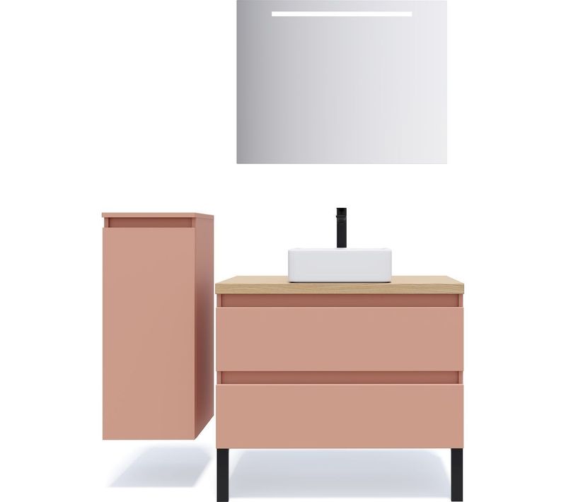Ensemble Salle De Bain Vasque Posée 90cm 2 Tiroirs Abricot + Miroir + Colonne Gauche - Hudson