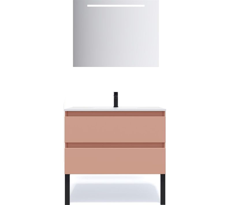 Meuble De Salle De Bain Vasque Intégrée 90cm 2 Tiroirs Abricot + Miroir - Hudson