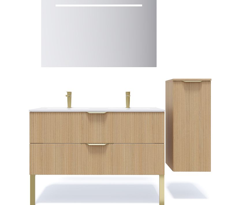 Ensemble Salle De Bain Double Vasque 120cm 2 Tiroirs Cannelé + Miroir + Colonne Droite - Venice