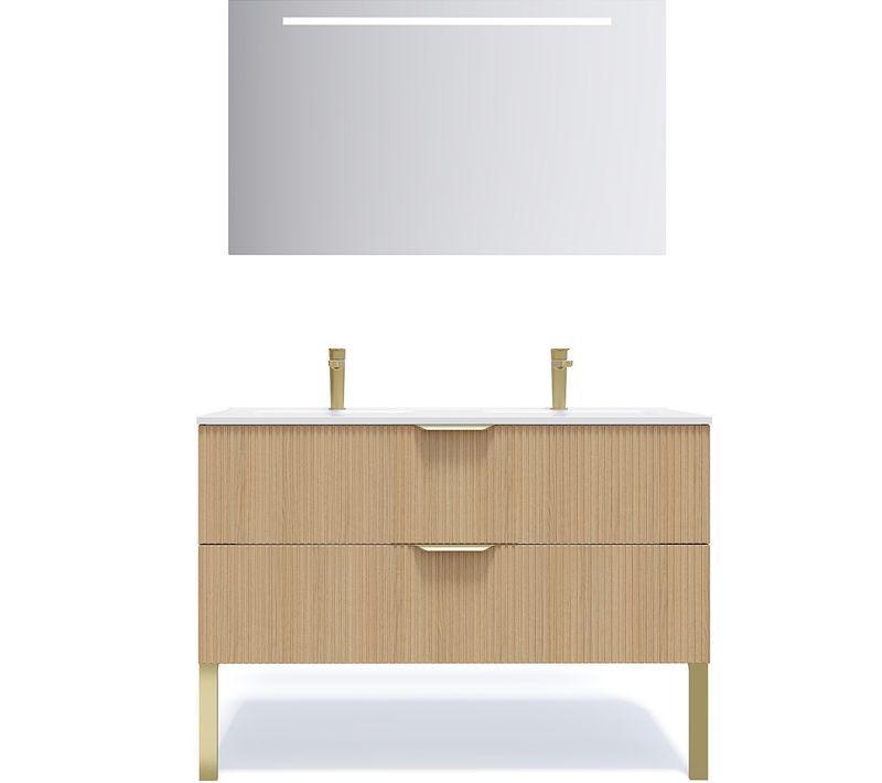 Meuble De Salle De Bain Double Vasque 120cm 2 Tiroirs Cannelé + Miroir - Venice
