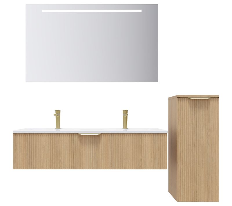 Ensemble Salle De Bain Double Vasque 120cm 1 Tiroir Cannelé + Miroir + Colonne Droite - Venice