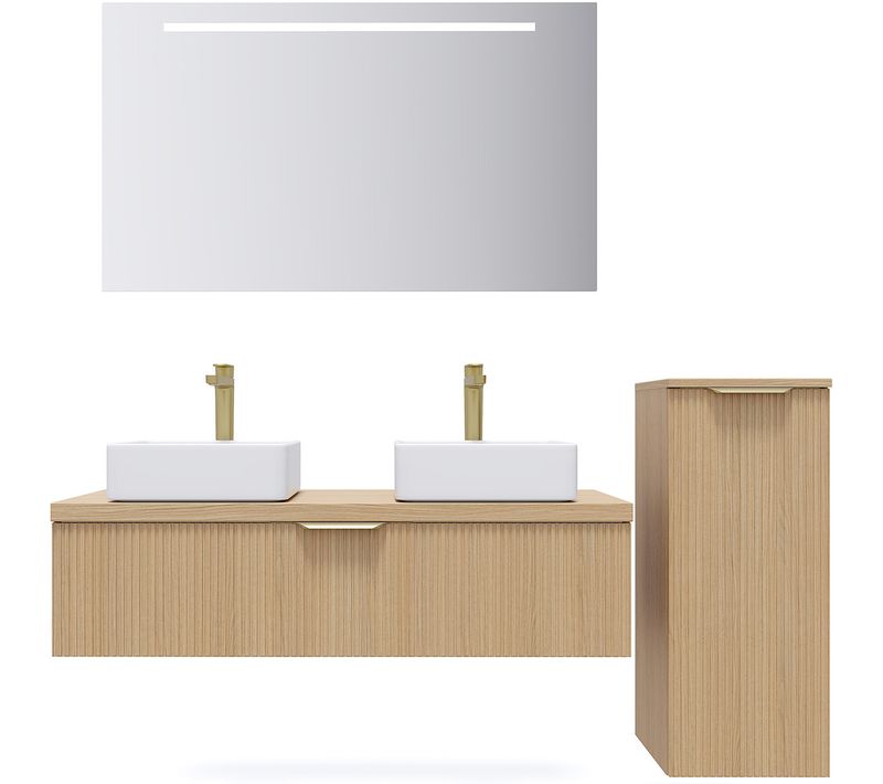 Ensemble Salle De Bain 2 Vasques Posées 120cm 1 Tiroir Cannelé + Miroir + Colonne Droite - Venice