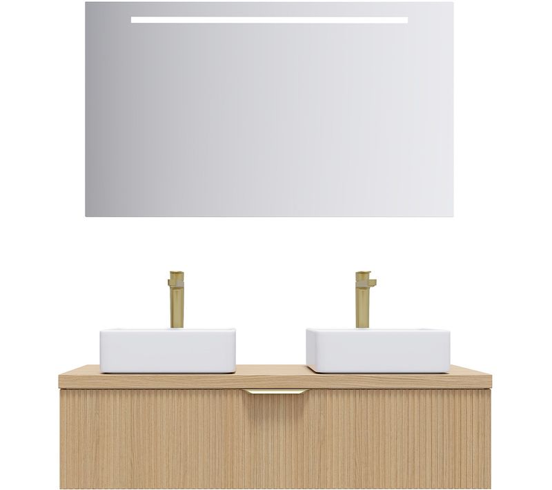 Meuble De Salle De Bain 2 Vasques Posées 120cm 1 Tiroir Cannelé + Miroir - Venice