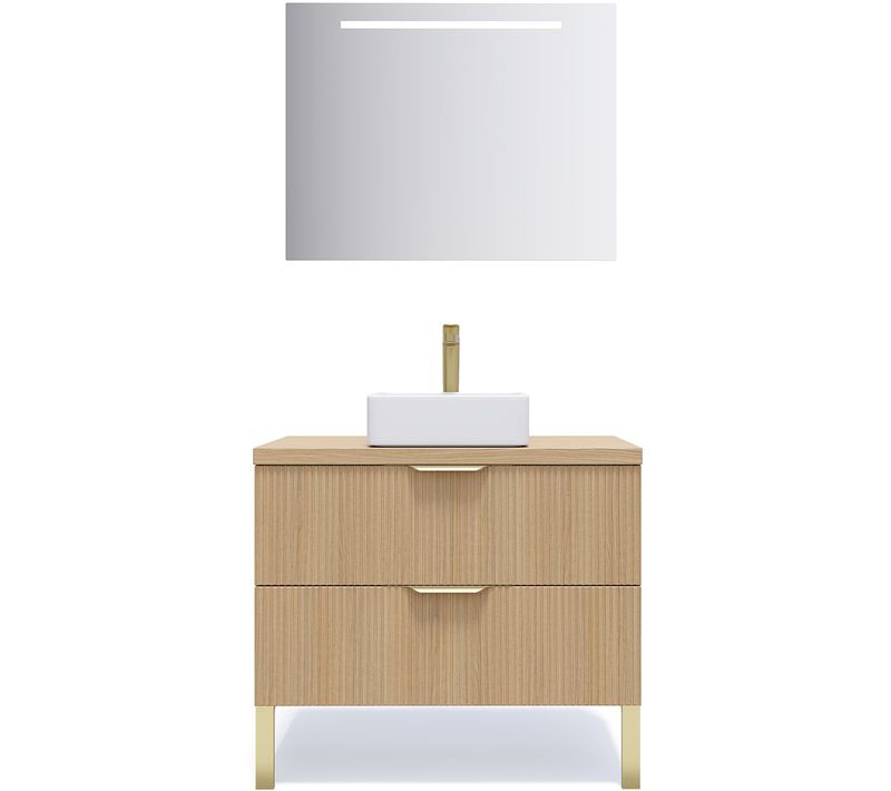 Meuble De Salle De Bain Vasque Posée 90cm 2 Tiroirs Cannelé + Miroir - Venice