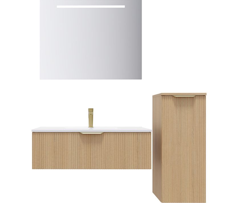Ensemble Salle De Bain Vasque Intégrée 90cm 1 Tiroir Cannelé + Miroir + Colonne Droite - Venice