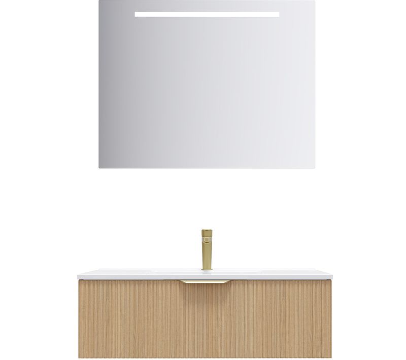 Meuble De Salle De Bain Vasque Intégrée 90cm 1 Tiroir Cannelé + Miroir - Venice