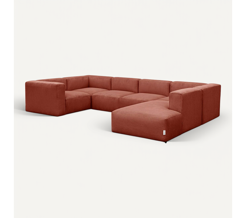 Canapé Modulable Panoramique 9 Places Ouvert à Droite + Pouf En Velours Côtelé Rouille - Modulo