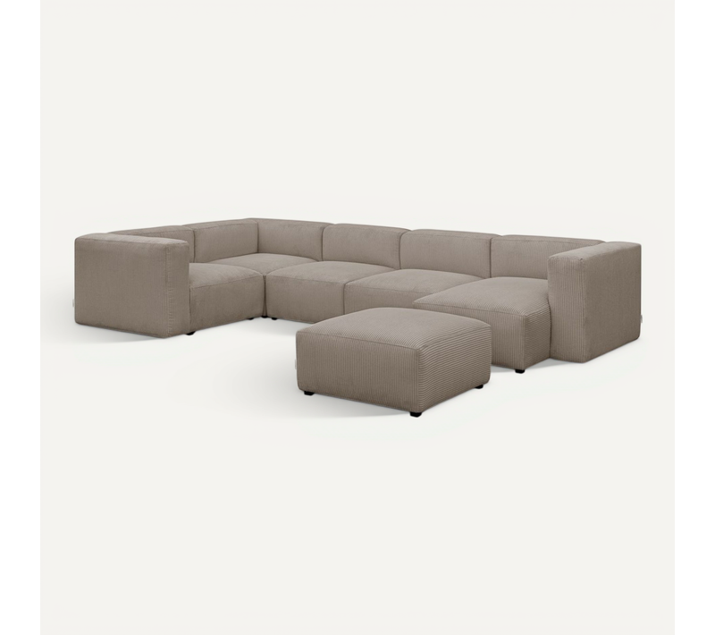 Canapé Modulable Panoramique 6 Places, Méridienne à Droite + Pouf En Velours Côtelé Taupe - Modulo