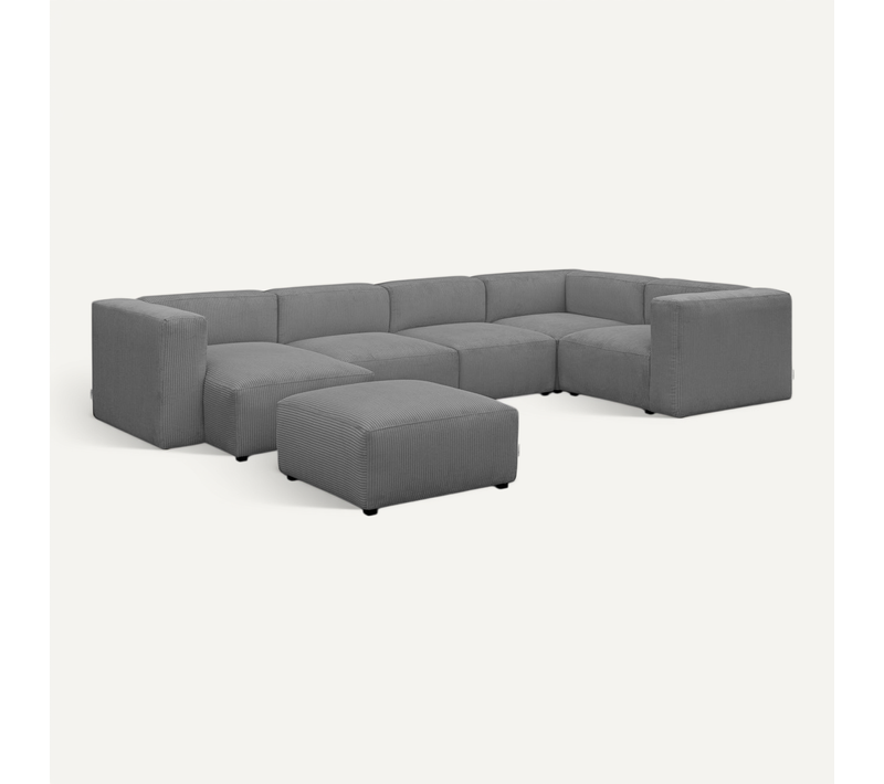 Canapé Modulable Panoramique 6 Places, Méridienne à Gauche + Pouf En Velours Côtelé Gris - Modulo