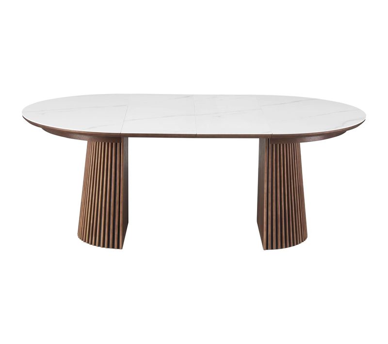 Table à Manger Ronde Extensible En Céramique Effet Marbre Et Bois Foncé 6/8 Places 120/200 Cm - Ada
