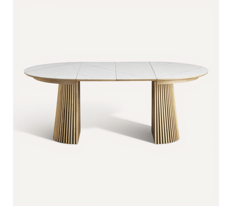 Table à Manger Ronde Extensible En Céramique Effet Marbre Et Bois Clair 6/8 Places 120/200 Cm - Ada