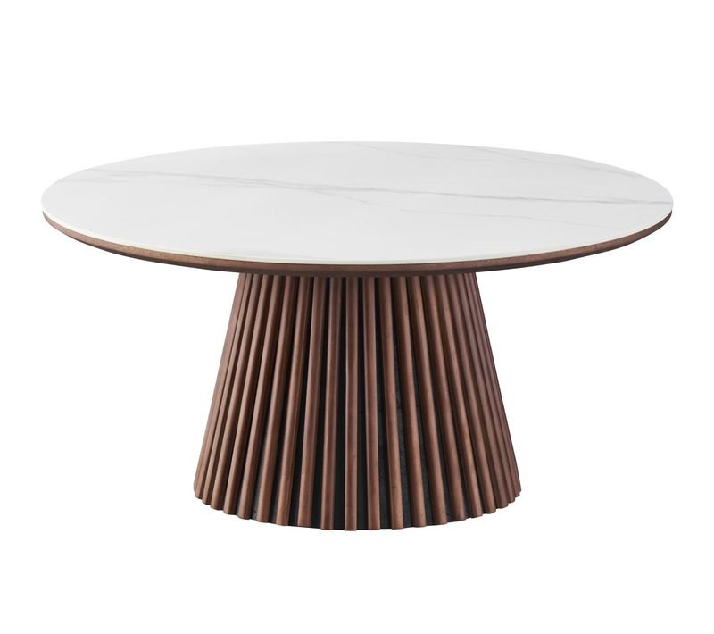 Table Basse Ronde Plateau En Céramique Effet Marbre Et Bois Foncé D.80 Cm - Ada