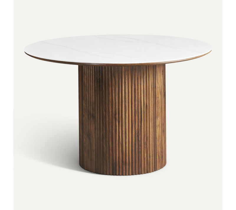 Table à Manger Ronde En Céramique Effet Marbre Et Noyer 6 Places D.120 Cm - Mira