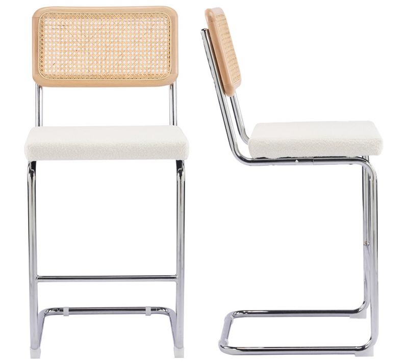 Lot De 2 Tabourets De Bar En Cannage Et Tissu Bouclé Beige - Muse