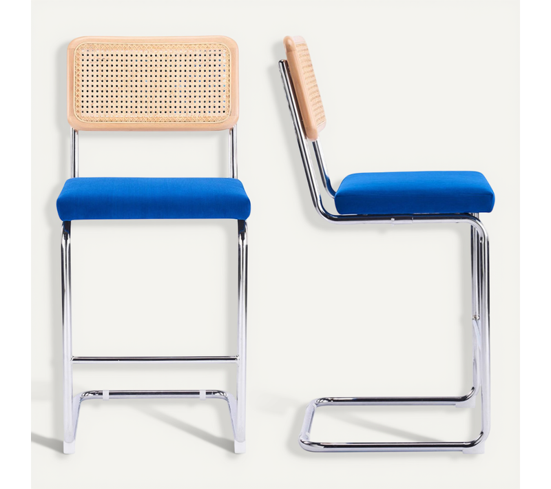 Lot De 2 Tabourets De Bar En Cannage Et Velours Côtelé Bleu électrique - Muse