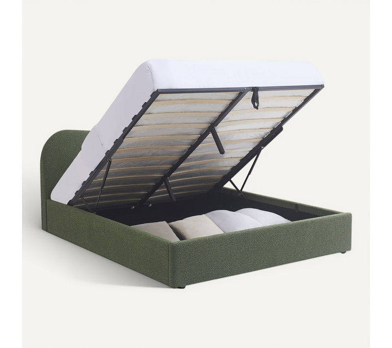 Lit Coffre Adulte 160x200 Cm Avec Tête De Lit Matelassée En Tissu Bouclé Vert - Suzon