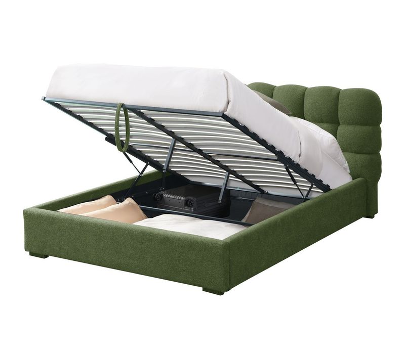 Lit Coffre Adulte 160x200 Cm Avec Sommier Et Tête De Lit Capitonnée En Tissu Bouclé Vert - Lola