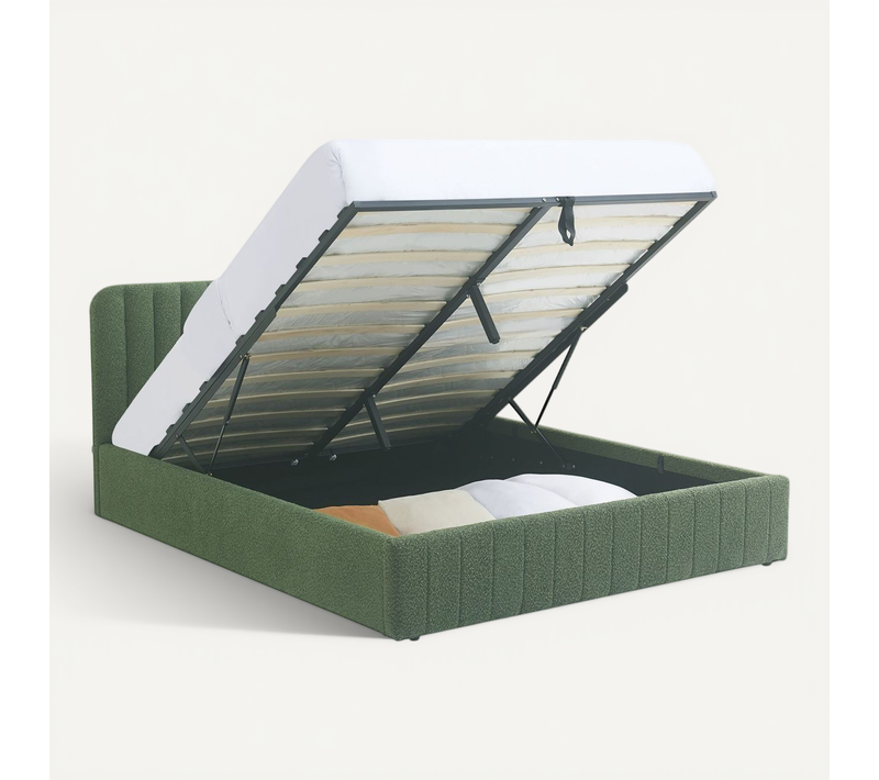 Lit Coffre Adulte 160x200 Cm Avec Tête De Lit Capitonnée En Tissu Bouclé Vert Kaki - Ava