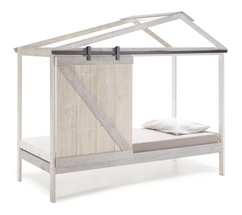 Lit Cabane Enfant Rustique 90x190 Cm En Bois Blanchi/gris - Emile