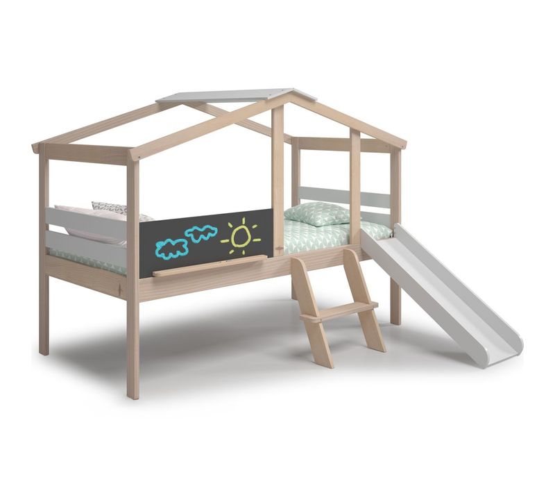 Lit Cabane Enfant Avec Toboggan 90x190 Cm En Bois Clair/blanc - Jules