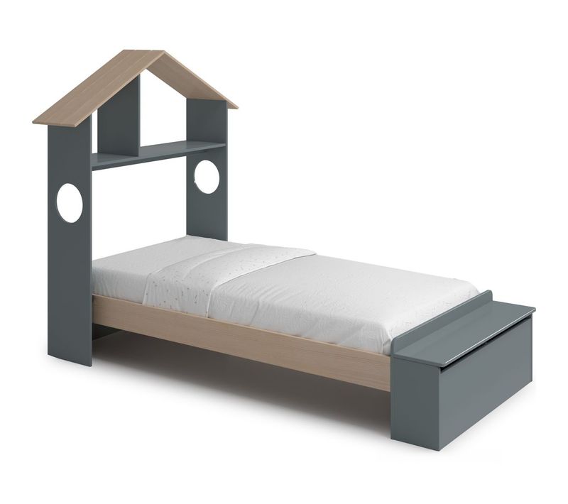Lit Enfant 90x190 Cm En Bois Vert Kaki Avec Tête De Lit Cabane Et Coffre De Rangement - Anatole