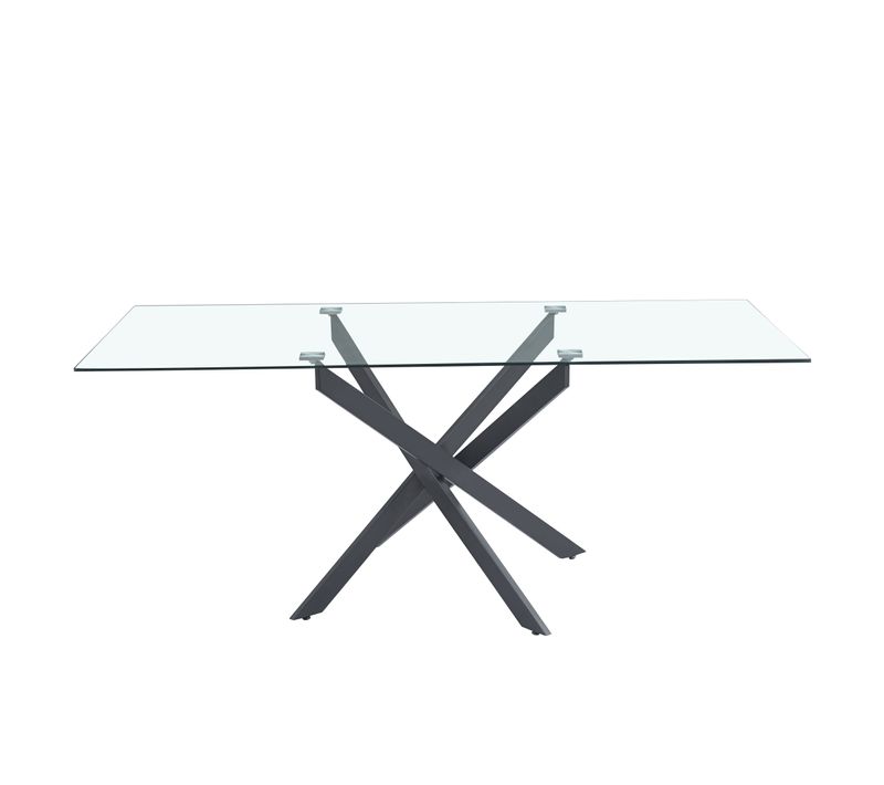 Table Repas Jessica XXL Métal Noir Et Plateau En Verre Marbre Noir 180 Cm 6 à 8 Couverts Transparent