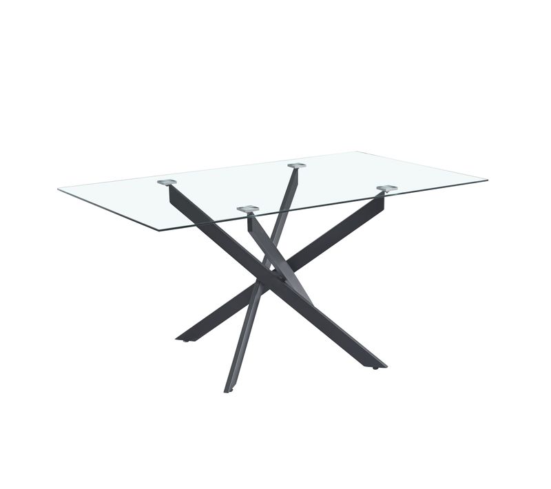 Table Repas Jessica Métal Noir Et Plateau En Verre 150 Cm 4 à 6 Couverts Transparent