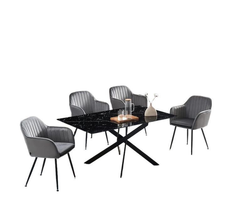 Table Repas Jessica XXL Métal Noir Et Plateau En Verre Marbre Noir 180 Cm 6 à 8 Couverts