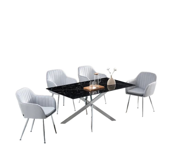Table Repas Jessica Chrome Et Plateau En Verre 150 Cm 4 à 6 Couverts Effet Marbré Noir