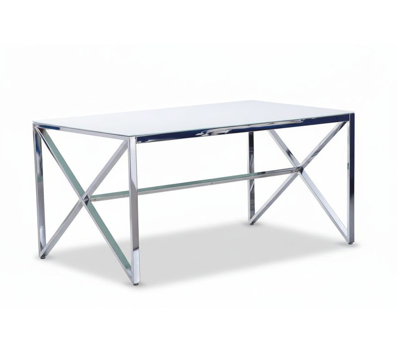Table à Manger Chrome Verre Trempé Marbré Blanc – 150×90 Cm – Majestique