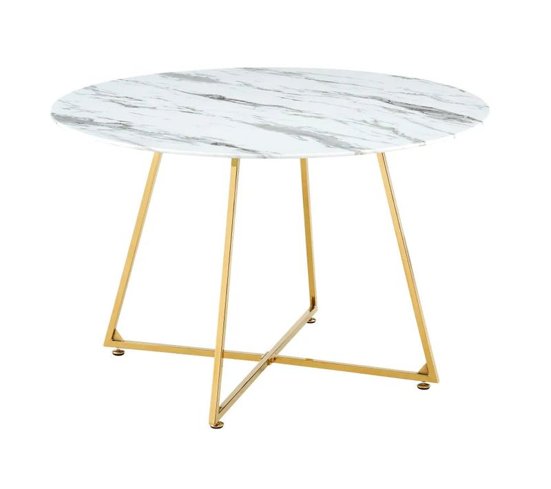 Table à Manger Ronde Verre Marbré Blanc et Pied Gold – 120×120×75 Cm – Heloise