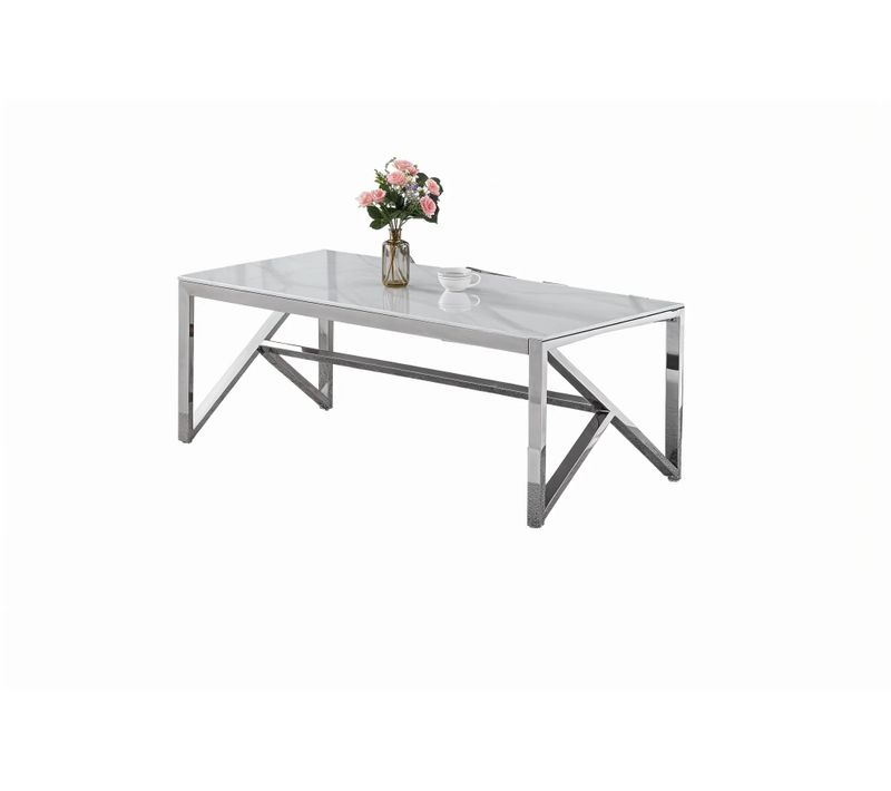Table Basse Majestique Rectangle Plateau Verre Trempé Marbré Blanc Pieds Chrome 120x60x45cm
