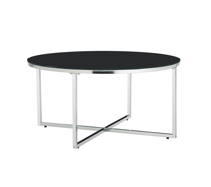 Table Basse Ronde Lorie Chrome Plateau En Verre D90 Cm - Marbré Noir