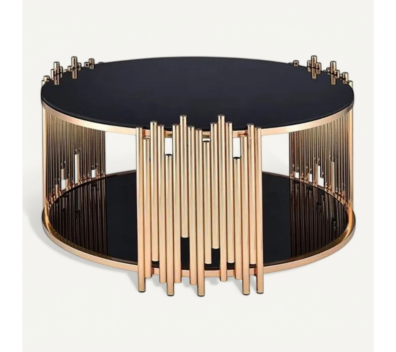 Table Basse Ronde Stick Gold Et Plateau En Verre Noir D90 H45 Cm