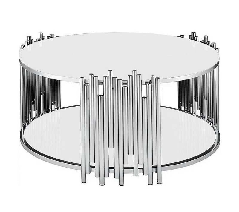 Table Basse Ronde Stick Chrome Et Plateau En Verre Blanc D90 H45 Cm
