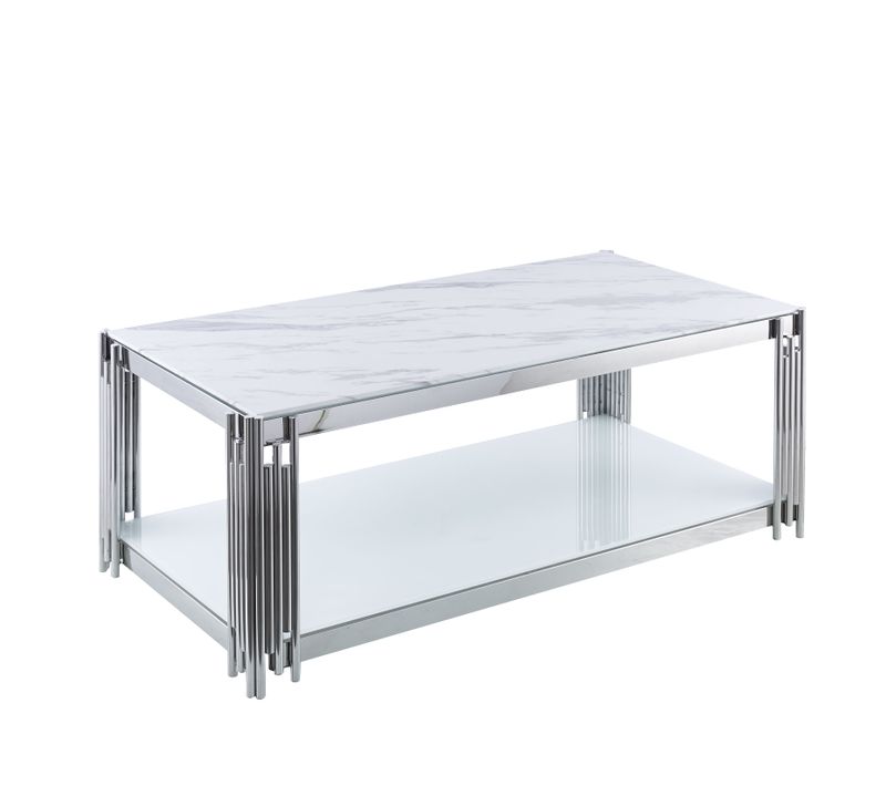 Table Basse Flute Rectangle Double Plateau Verre Trempé Marbré Blanc Structure Chrome 120x60x45cm