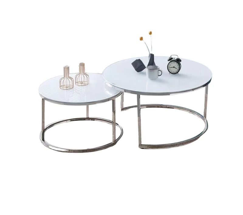 Lot De 2 Tables Basses Gigogne Arto Inox Et Plateau En Verre Blanc