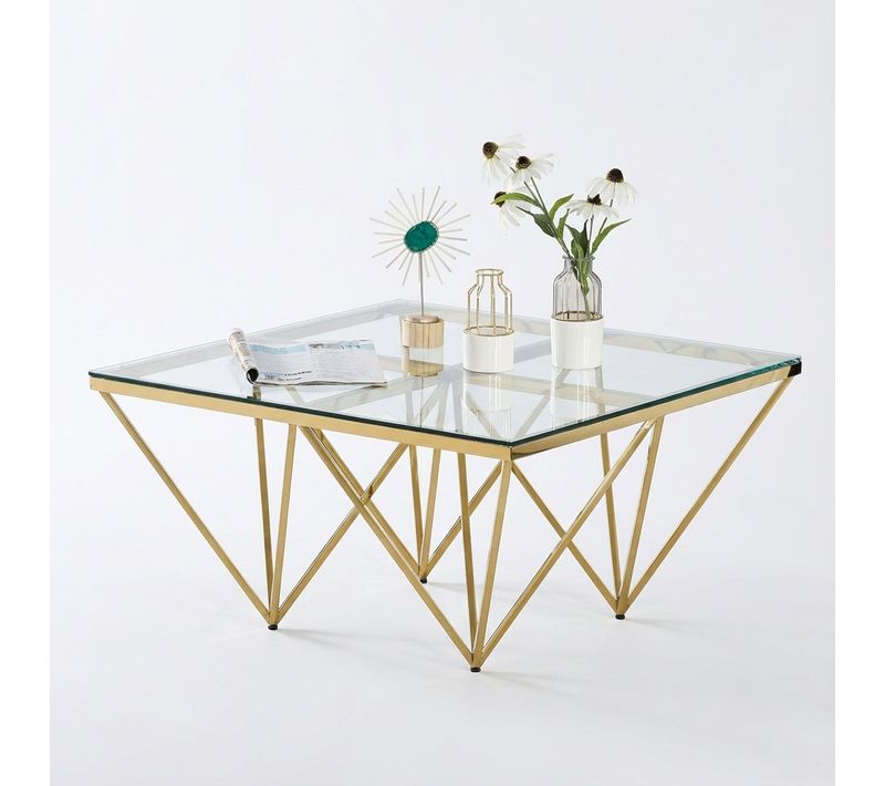Table Basse Carrée Gize Verre Trempé Transparent Pieds Gold 80x80x45cm