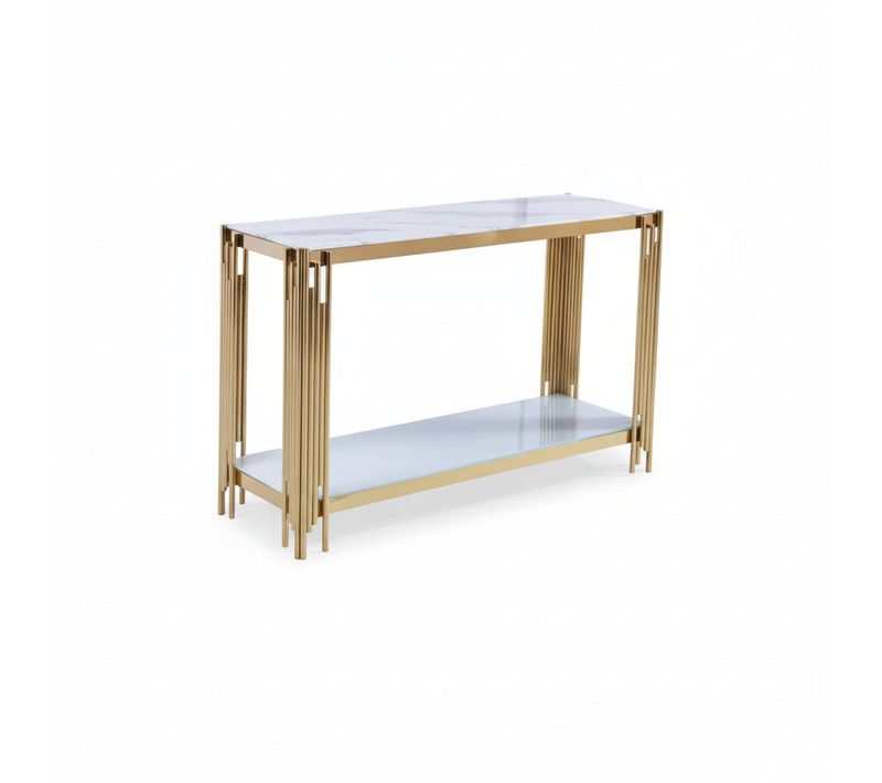Console Gold Verre Marbré Blanc 120x40x78 Cm Flute
