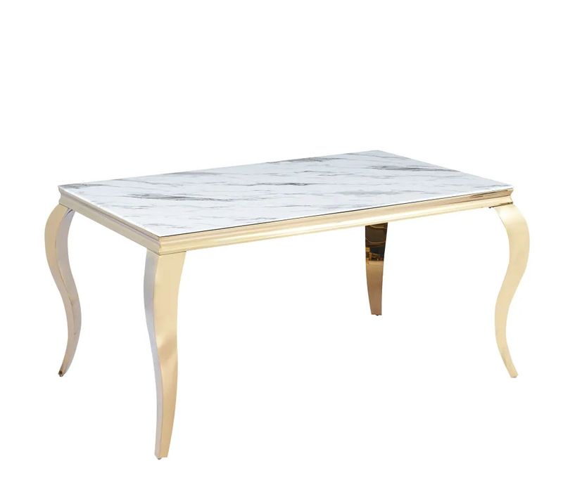Table à Manger Baroque 6 à 8 Couverts 180x90 Cm Pieds Gold Plateau En Verre Effet Marbré Blanc