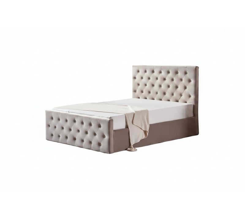 Lit Coffre Capitonné Velours Moka 160x200 Cm Sommier Inclus Victoria