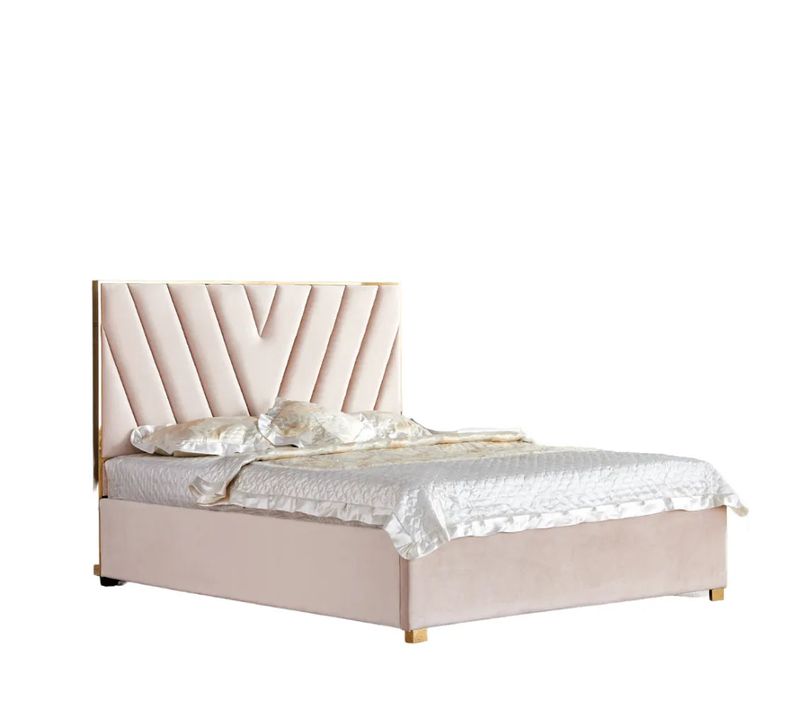 Lit Adulte Vera 140x190 Cm Velours Beige Sommier Inclus Pieds Acier Gold