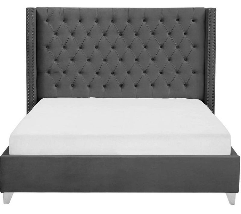 Lit Double 160x200 Cm Princesse Velours Gris Sommier Inclus