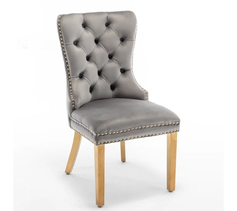 Lot 2 Chaises Velours Anthracite Pieds Gold 54x51x102 Cm Poignée