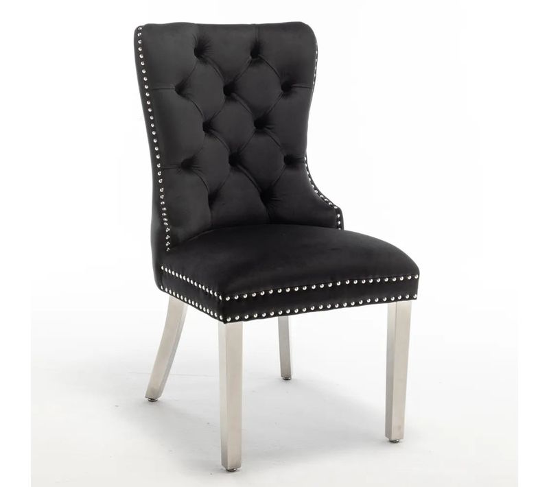 Lot De 2 Chaises Poignee Clouté En Velours Pied Chromé - Noir