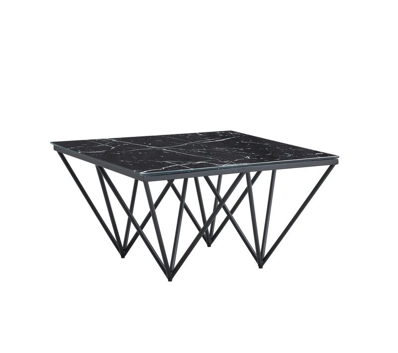 Table Basse Carré Gize Pied Métal Noir Et Plateau En Verre 80x80 Cm - Marbré Noir