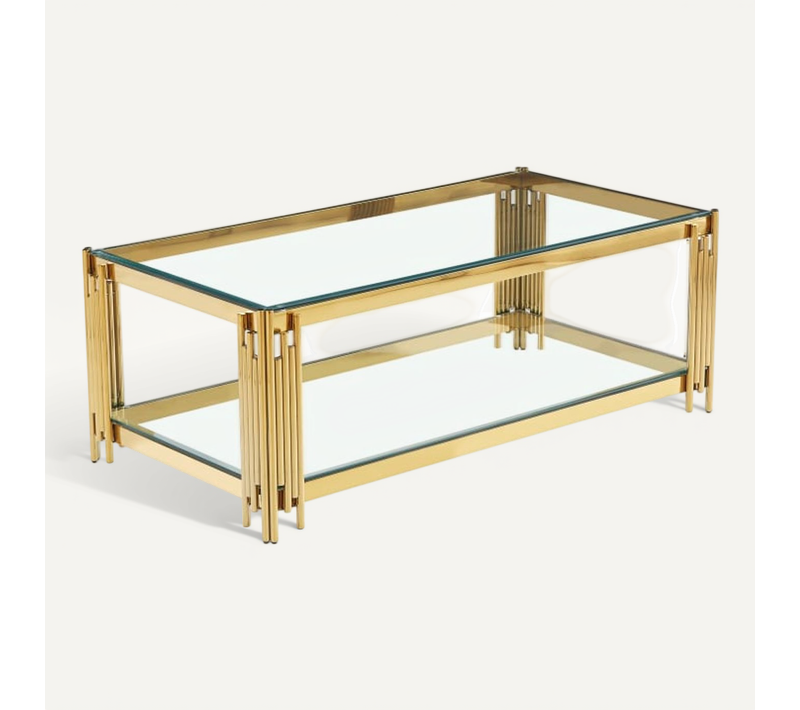 Table Basse Flute Rectangle Double Plateau Verre Trempé Transparent Structure Gold 120x60x45cm