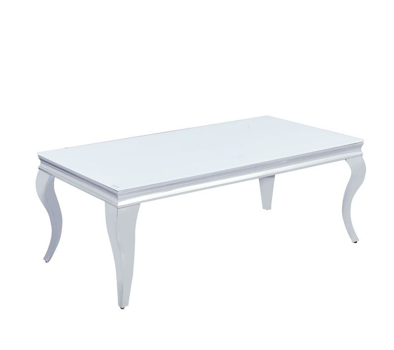 Table Basse Baroque Rectangle Plateau Verre Trempé Blanc Pieds Chrome 120x60x45cm