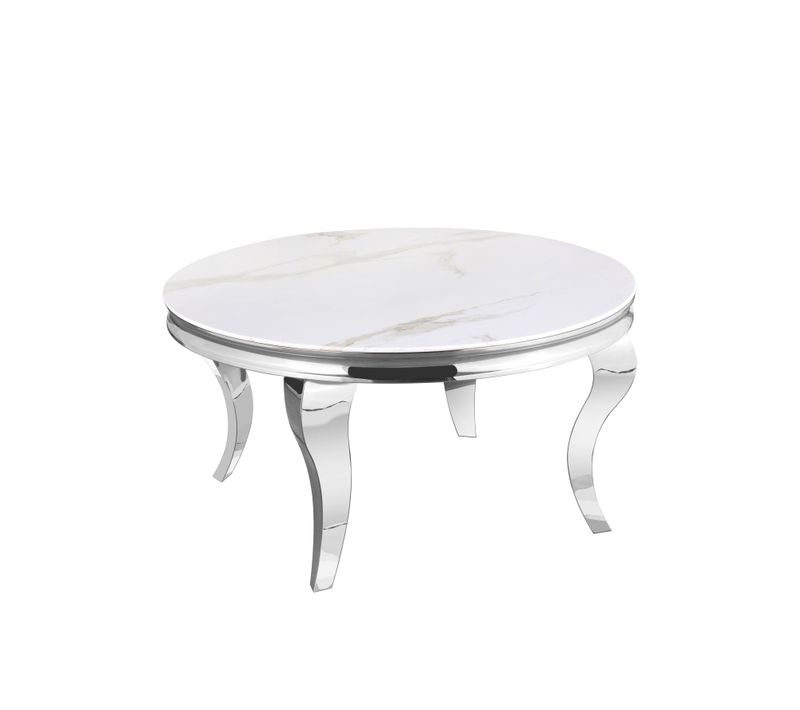 Table Basse Ronde Baroque Chrome Et Plateau En Verre De 80 Cm - Marbré Blanc